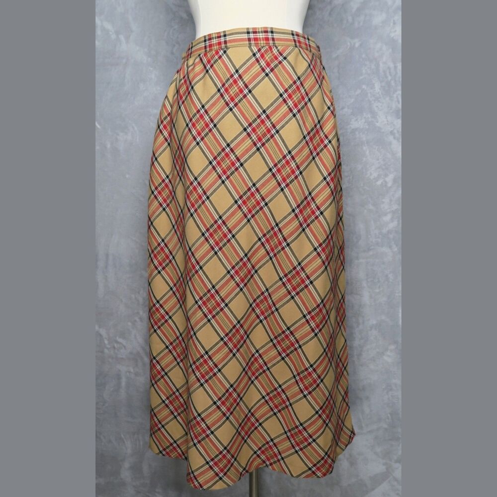 SAG HARBOR Tan Plaid Tea Length Skirt Size 14 Lined Academia Preppy - Picture 3 of 12
